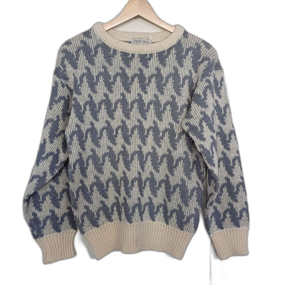 Vintage 1980s Union Bay Ocean Wave Print Sweater Women's S Ivory Slate Blue